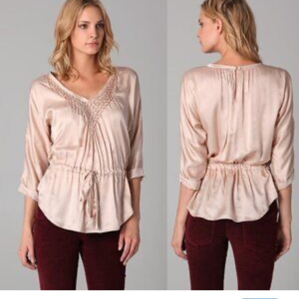 REBECCA TAYLOR 4 100% Silk beaded smocked V neck 3/4 sleeve blouse quiet luxury
